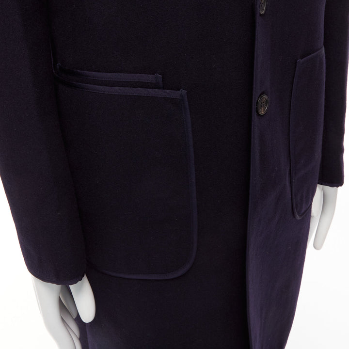 NEIL BARRETT navy wool blend ribbon trimmed pocket detail long coat IT48 M