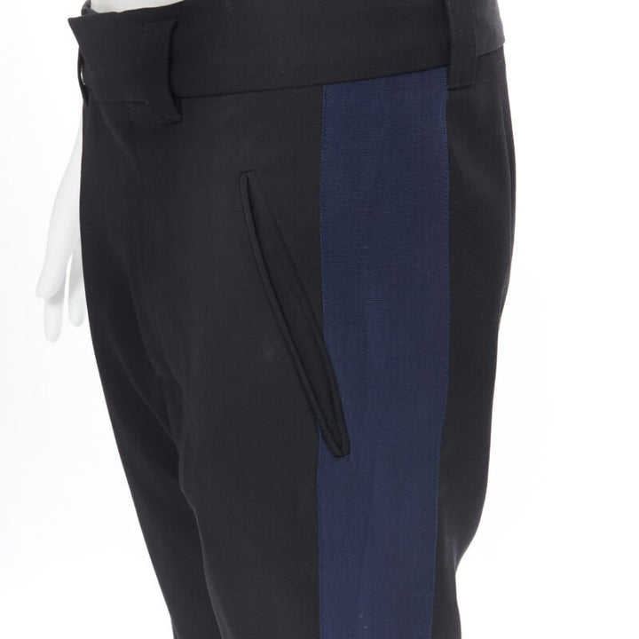 HAIDER ACKERMANN 100% fleece wool black navy grosgrain side cropped pants FR36