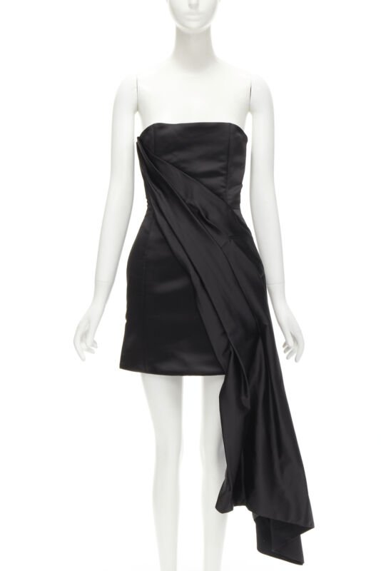 HALPERN black satin asymmetric draped bustier bodice mini dress FR36 XS