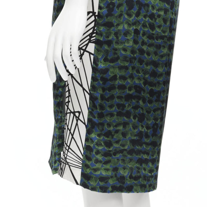 DRIES VAN NOTEN green navy draped silk contrast short sleeve dress FR36 S