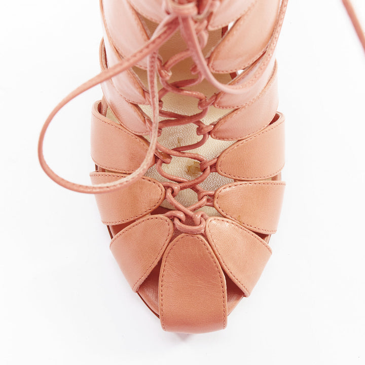 FRANCESCO RUSSO nude leather lace up cut out cage sandals EU36