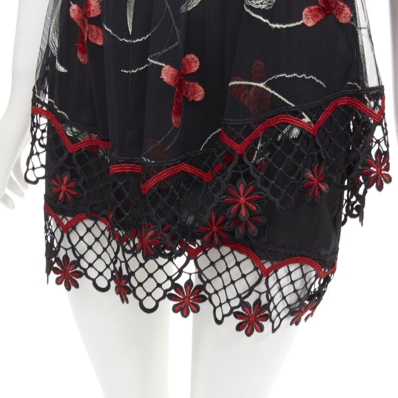 ALICE MCCALL Wish you Were Here black red guipere lace floral tulle dress US2 XS