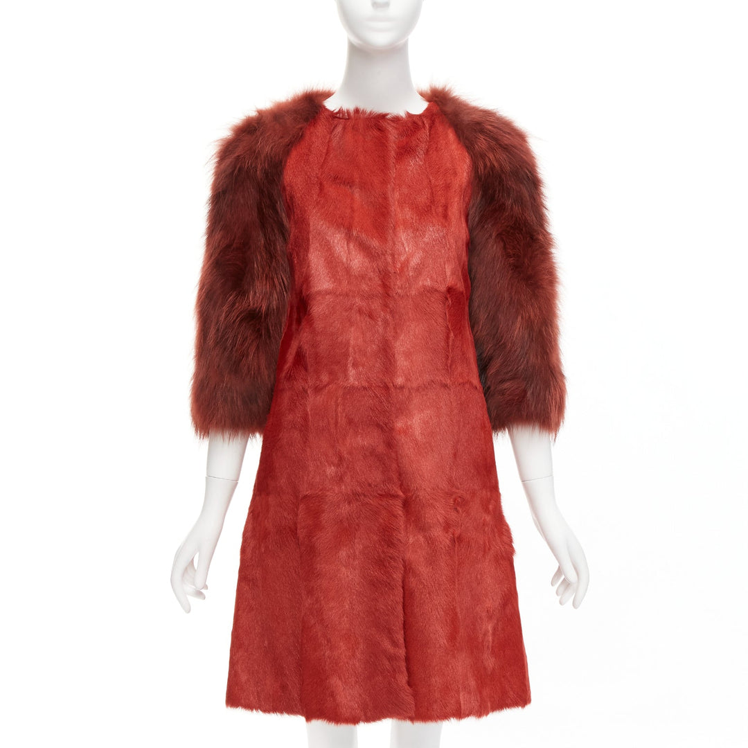 GIAMBATTISTA VALLI red genuine fur patchwork contrast raglan sleeve long coat