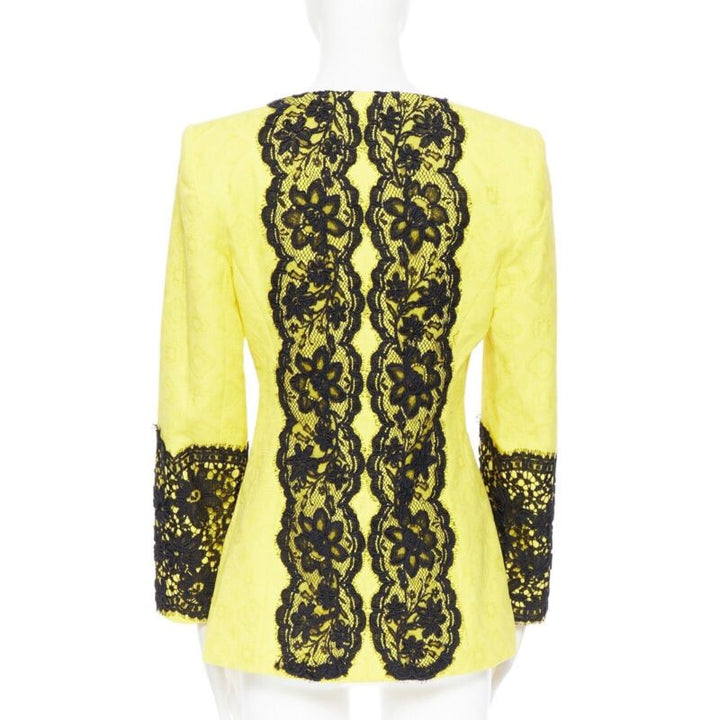 CHRISTIAN LACROIX yellow cotton floral jacquard black lace padded jacket FR40