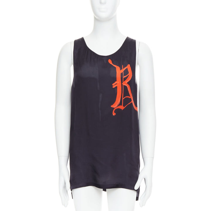 DRIES VAN NOTEN black viscose gothic R print viscose tank top IT46 S