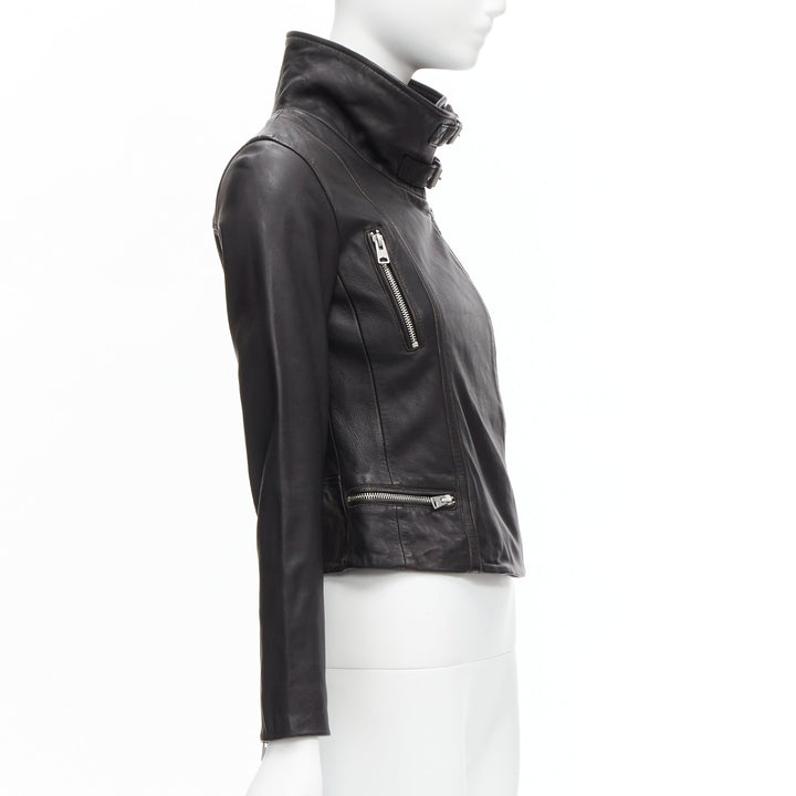 ALL SAINTS Bales black lamb leather buckles funnel collar biker jacket UK6 XS