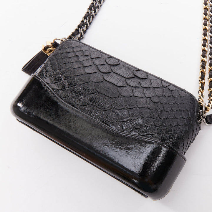 CHANEL Mini Gabrielle black scaled leather patent trim double CC crossbody bag