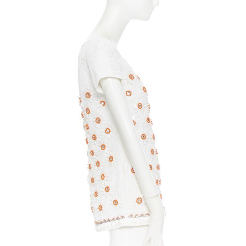 MOSCHINO white cloque cotton orange bead crystal floral embellished top IT38