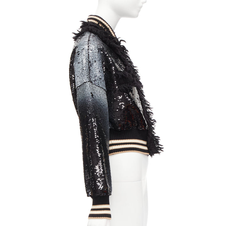 AVIU black white spray paint effect sequins cropped bomber jacket IT38