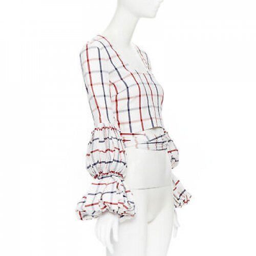 ROSIE ASSOULIN 2018 white checked seersucker puff sleeve wrap top US0 XS