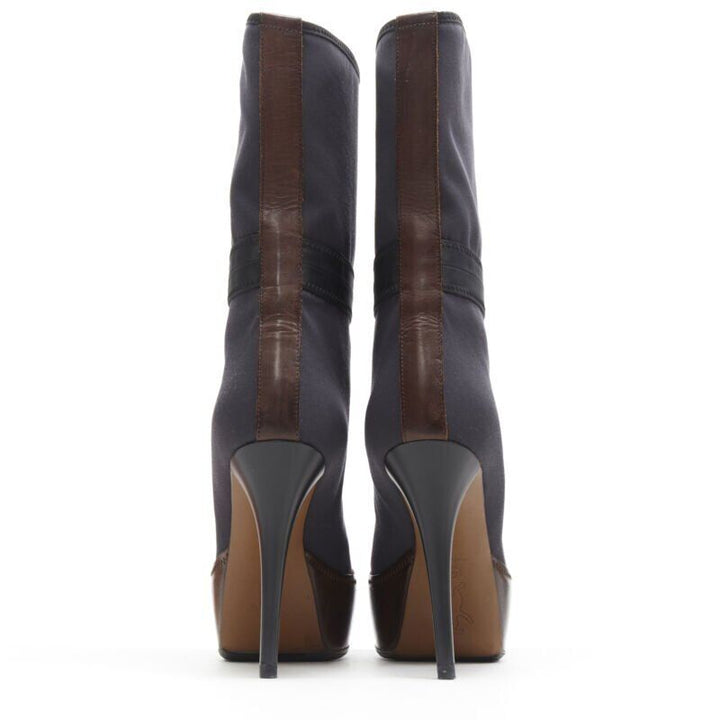 MARNI grey fabric upper brown leather platform round toe high heel boot EU36