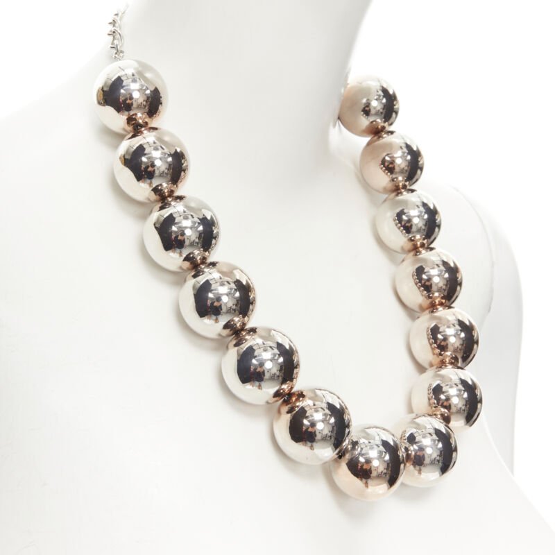 OSCAR DE LA RENTA Bold Beaded single strand silver XL ball statement necklace