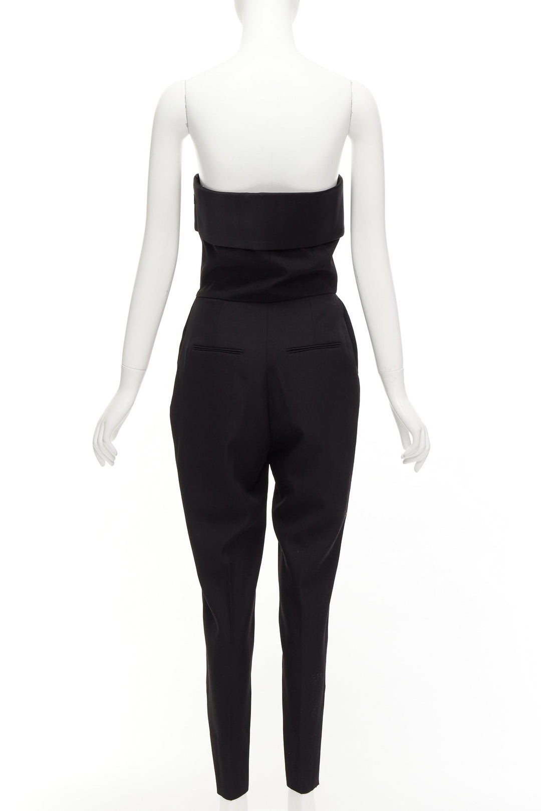 SAINT LAURENT 2014 black virgin wool silk strapless satin panel jumpsuit FR38 M