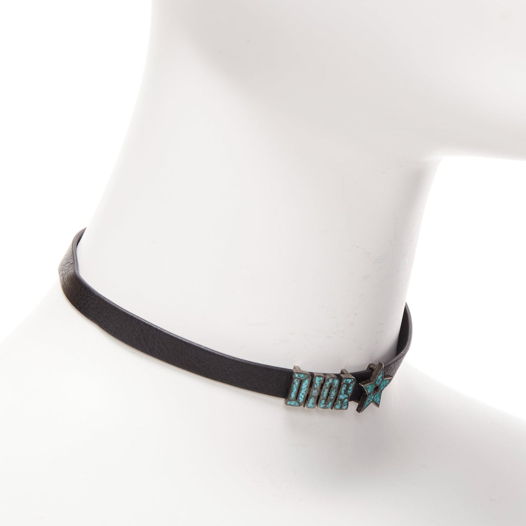 CHRISTIAN DIOR blue marble logo star charm black leather short choker