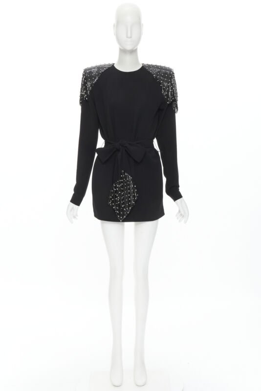 SAINT LAURENT Runway black chainmail stud shoulder pad belted dress FR38 S