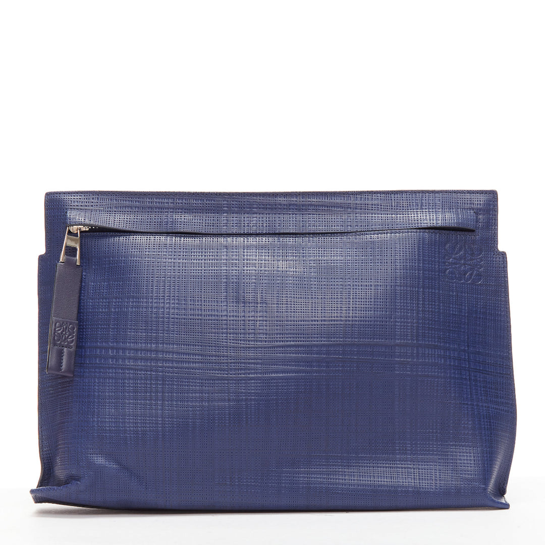 LOEWE T Pouch navy textured checkered leather silver zip wrist clutch bag
