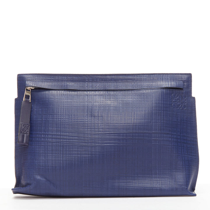 LOEWE T Pouch navy textured checkered leather silver zip wrist clutch bag