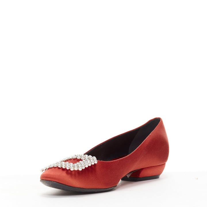 ROGER VIVIER red satin silver strass crystal buckle classic dress flats EU36.5