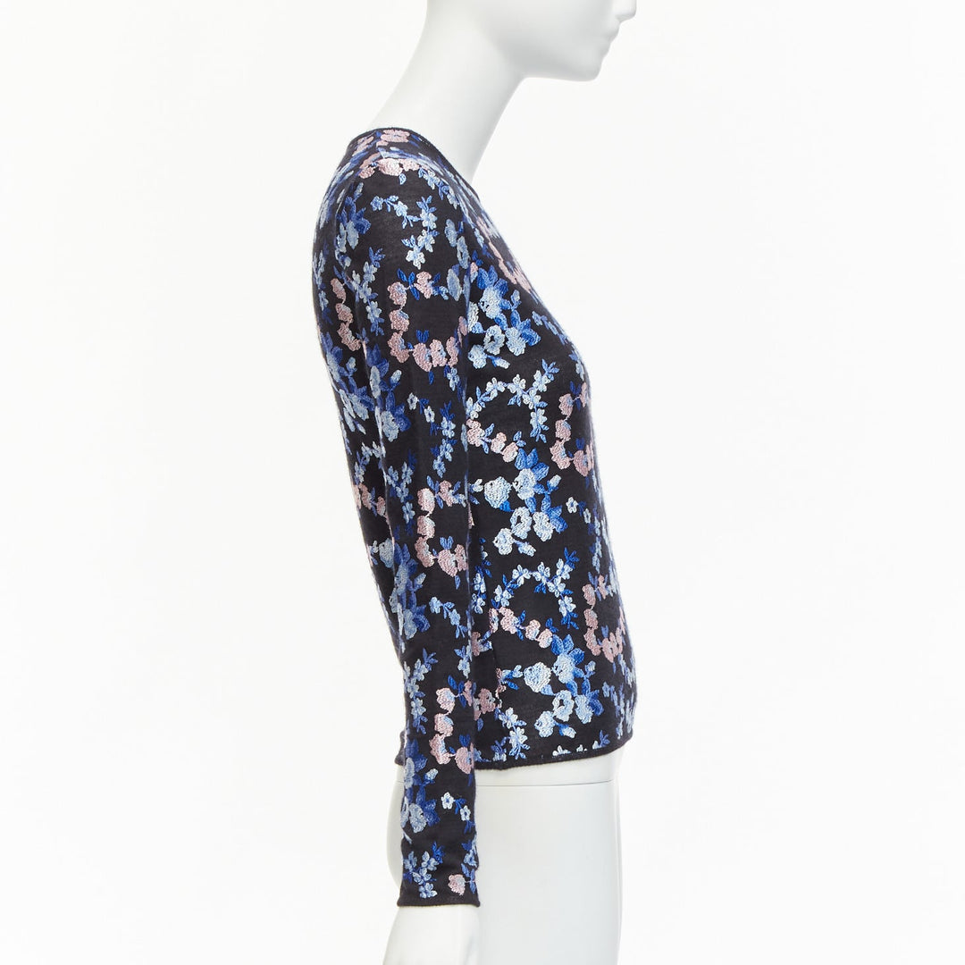 GIAMBATTISTA VALLI black cashmere silk blue pink flower embroidery top IT38 XS
