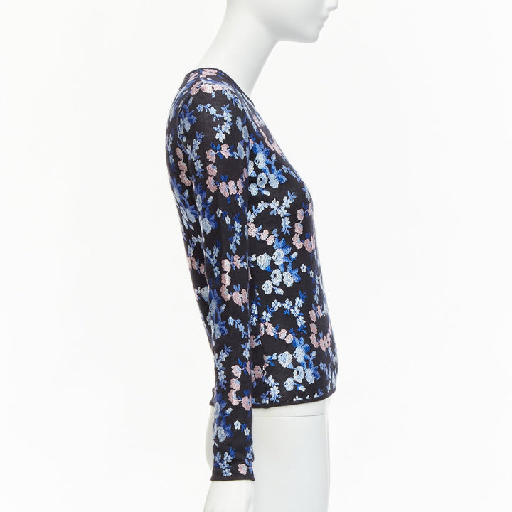 GIAMBATTISTA VALLI black cashmere silk blue pink flower embroidery top IT38 XS