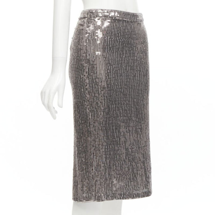 ALICE OLIVIA silver metallic sequins back slit knee length pencil skirt US0 XS