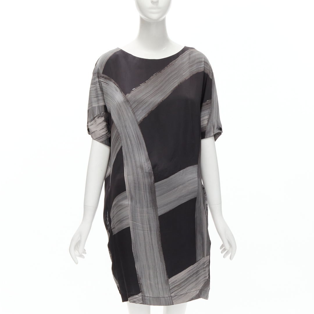 STELLA MCCARTNEY 100% silk black grey brush stroke print bateau dress IT38 XS