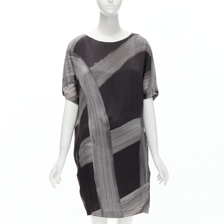 STELLA MCCARTNEY 100% silk black grey brush stroke print bateau dress IT38 XS