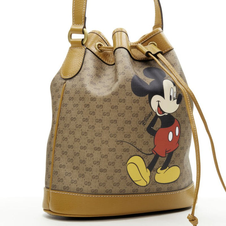 GUCCI DISNEY Candy GG Micky Mouse brown leather trim bucket bag