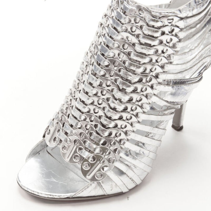 GIVENCHY metallic silver metal discs embellished strappy peep toe bootie EU36.5