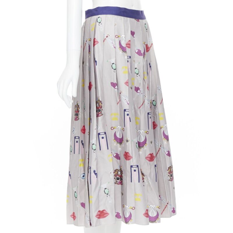 MARY KATRANTZOU grey mixed illustration print pleated midi flared skirt UK10 27"