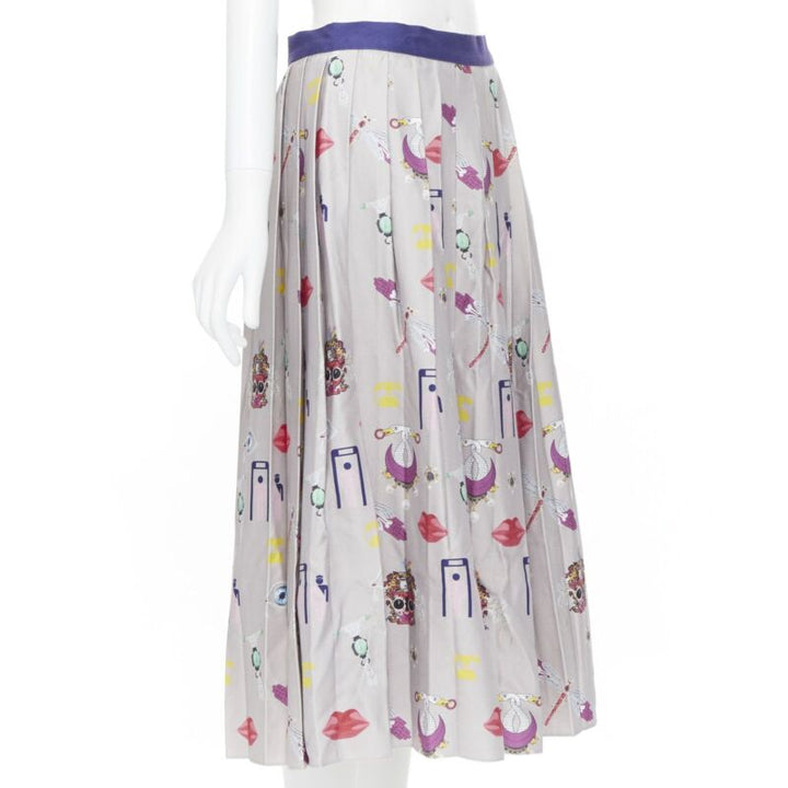 MARY KATRANTZOU grey mixed illustration print pleated midi flared skirt UK10 27"