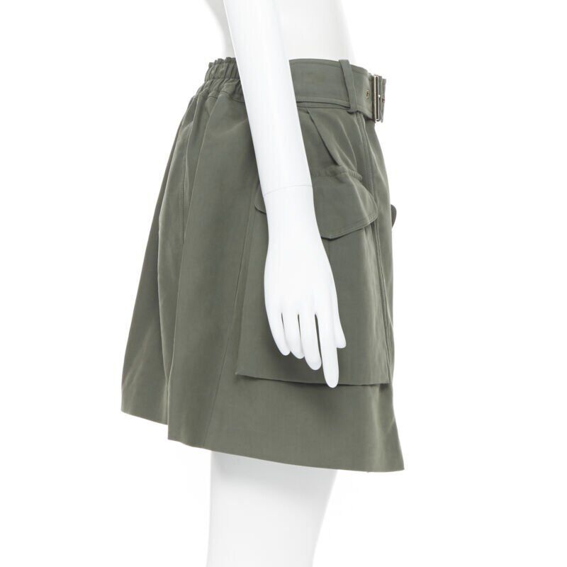 KENZO military khaki green cotton dual pockets belted elasticated skirt Fr38