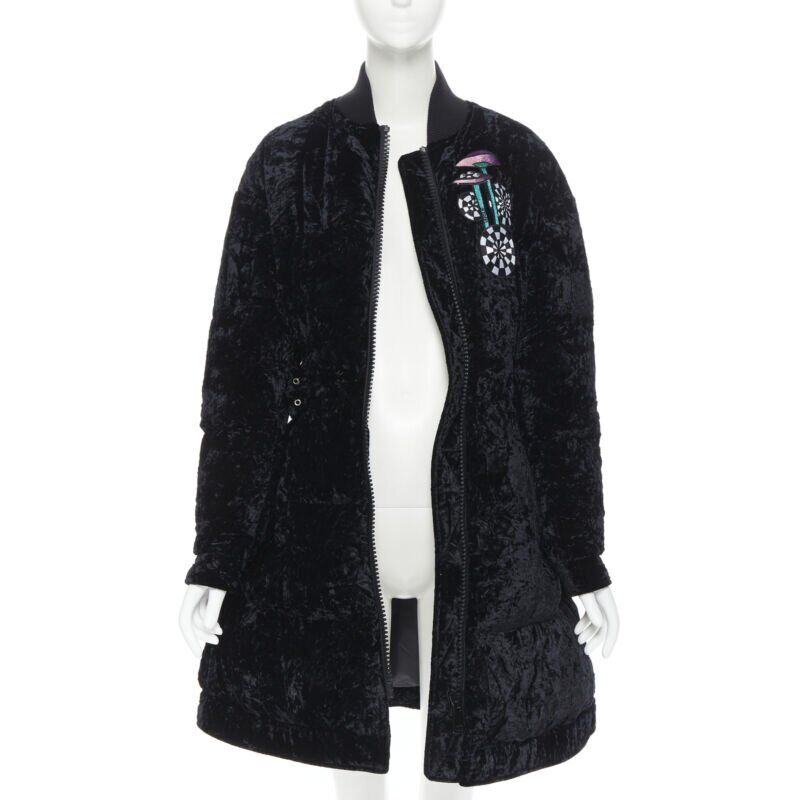 VERSUS VERSACE embroidery black crushed velvet belted puffer jacket IT38