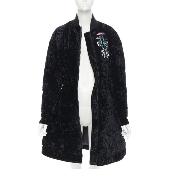 VERSUS VERSACE embroidery black crushed velvet belted puffer jacket IT38