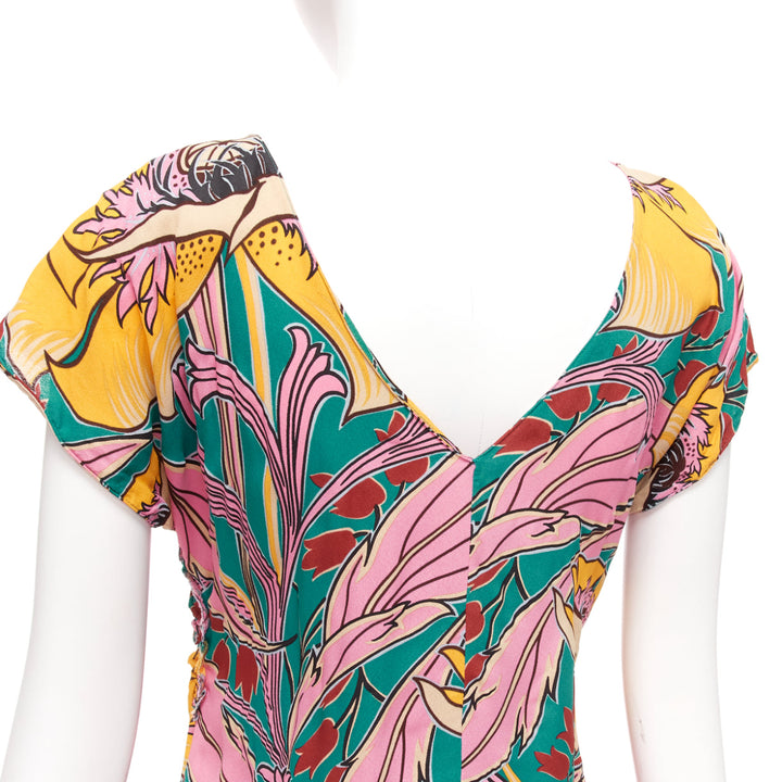 MARNI pink green floral illustration print gathered side cap sleeve top IT38 XS