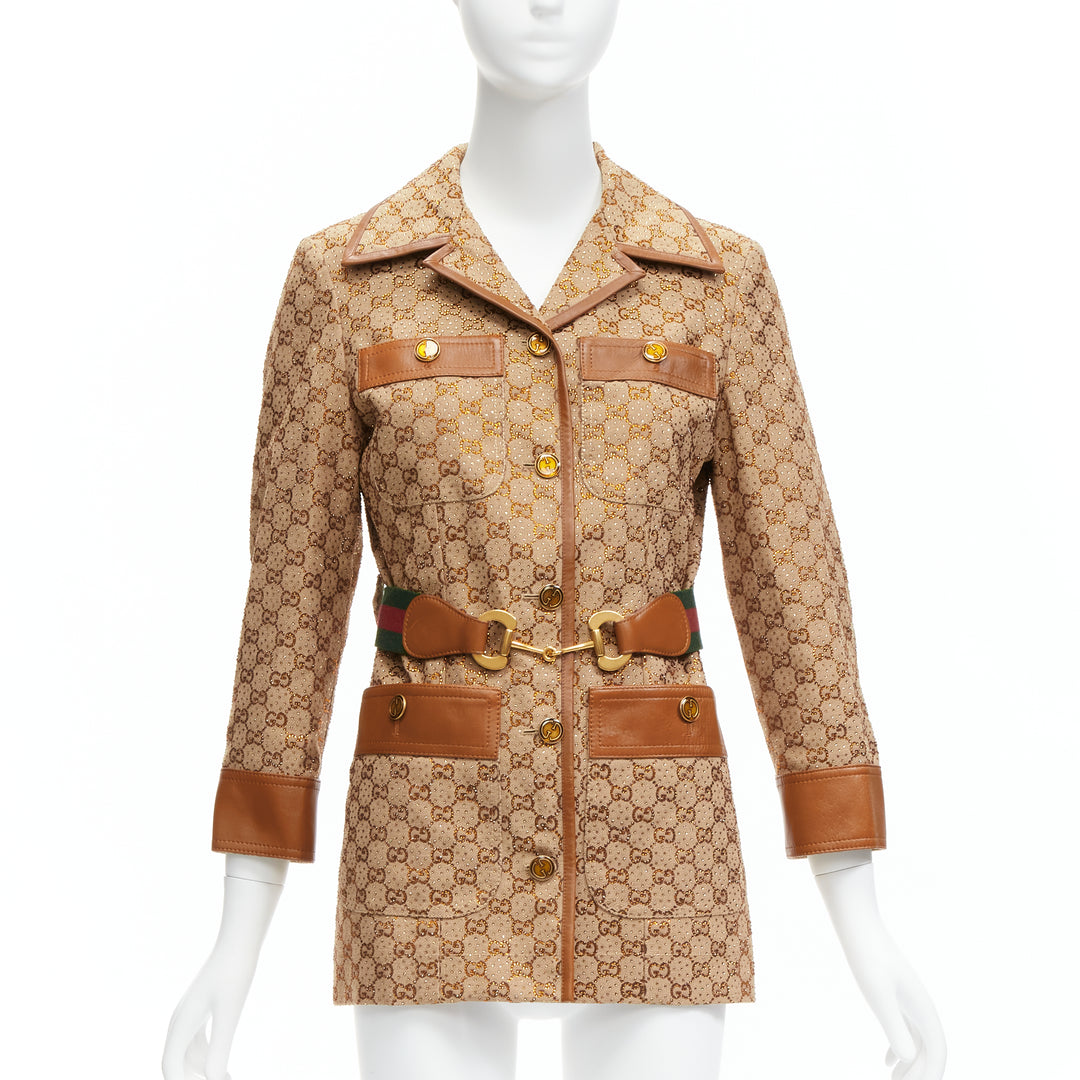 GUCCI 2022 Aria crystal embellished Horsebit web belt GG canvas jacket IT38 XS
