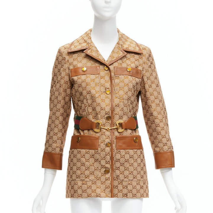 GUCCI 2022 Aria crystal embellished Horsebit web belt GG canvas jacket IT38 XS