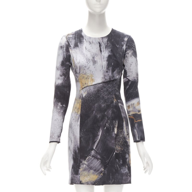 HELMUT LANG abstract grey gold paint stroke print mini dress S
