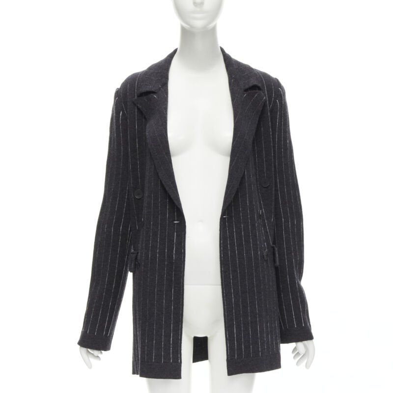 BARRIE 100% pure cashmere dark grey pinstriped double breasted blazer cardigan S