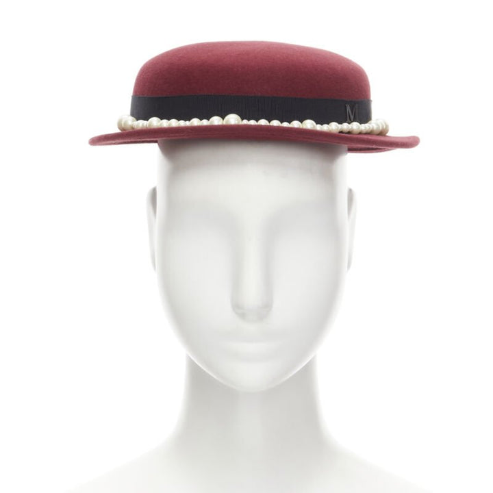 MAISON MICHEL Melanie Pearles burgundy red wool felt topper fedora hat 54cm