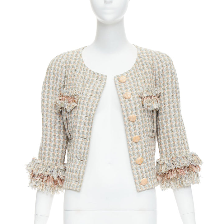 CHANEL 13C Rose Garden Lesage tweed ruffle detail cropped jacket FR38 M