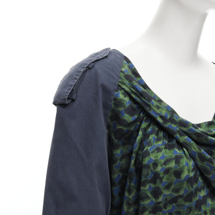 DRIES VAN NOTEN green navy draped silk contrast short sleeve dress FR36 S