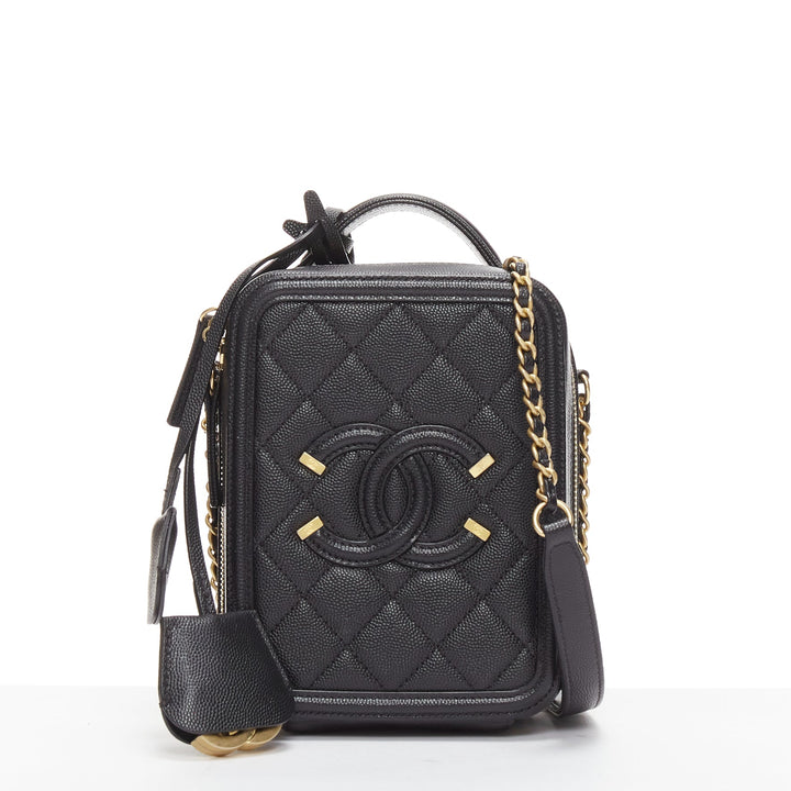 CHANEL N/S Vanity Vertical black filigree gold CC logo small crossbody bag