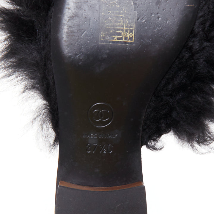 CHANEL black silver CC logo mongolian lamb fur fluffy slippers EU37.5