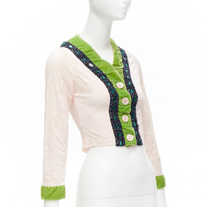 VOYAGE INVEST IN THE ORIGINAL LONDON green velvet pink lace beaded jacket M