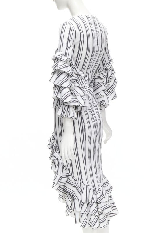 CAROLINE CONSTAS black white ruffled stripes wrap top high low skirt set XS