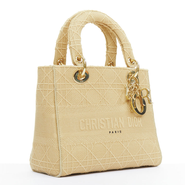 CHRISTIAN DIOR Lady D-Lite Medium Cannage beige canvas CD charm top handle bag