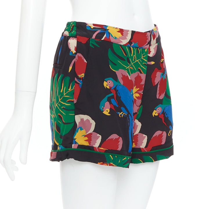VALENTINO Hawaiian Couure 100% silk crepe parrot floral print high shorts S