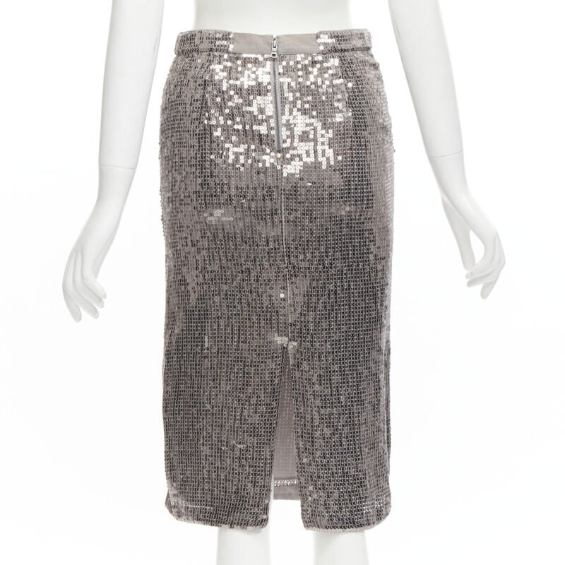 ALICE OLIVIA silver metallic sequins back slit knee length pencil skirt US0 XS