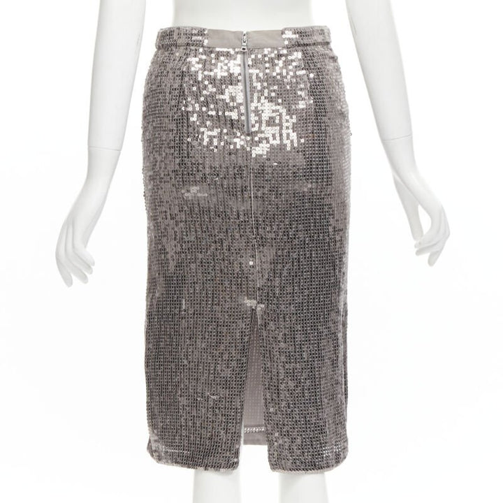 ALICE OLIVIA silver metallic sequins back slit knee length pencil skirt US0 XS